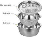 3 in 1 Stainless Steel Basin with Grater, Slicer, Colander, Drain Basket and Salad Maker Bowl