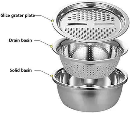 3 in 1 Stainless Steel Basin with Grater, Slicer, Colander, Drain Basket and Salad Maker Bowl