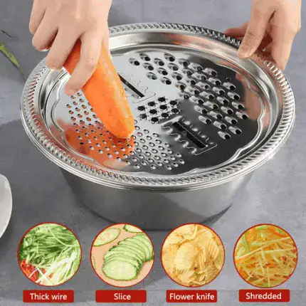 3 in 1 Stainless Steel Basin with Grater, Slicer, Colander, Drain Basket and Salad Maker Bowl