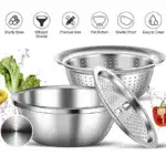 3 in 1 Stainless Steel Basin with Grater, Slicer, Colander, Drain Basket and Salad Maker Bowl